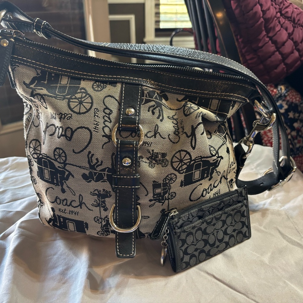 Coach Black and Cream Signature Shoulder Bag